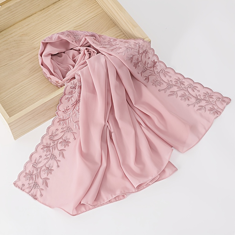 TEMU 1pc Women' Color Pearl Chiffon Leaf Embroidery Lace Scarf Malaysian Indonesian Headscarf Fashionable Elegant Shawl Hijab