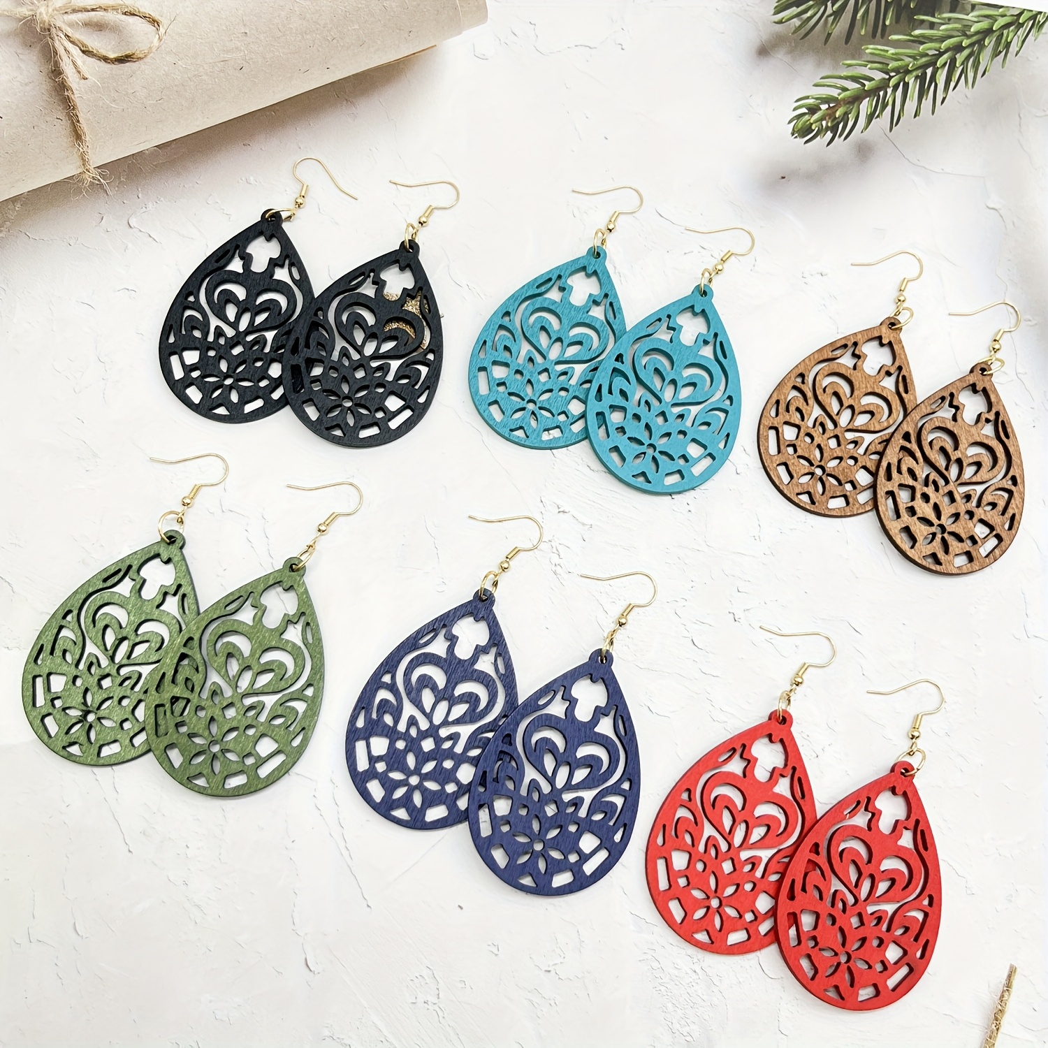 TEMU 6pairs, Bohemian Style Wooden Pendant Earrings Women's - Colorful Hollow Geometric Pattern Lightweight Ear Jewelry, Vintage Wooden Party