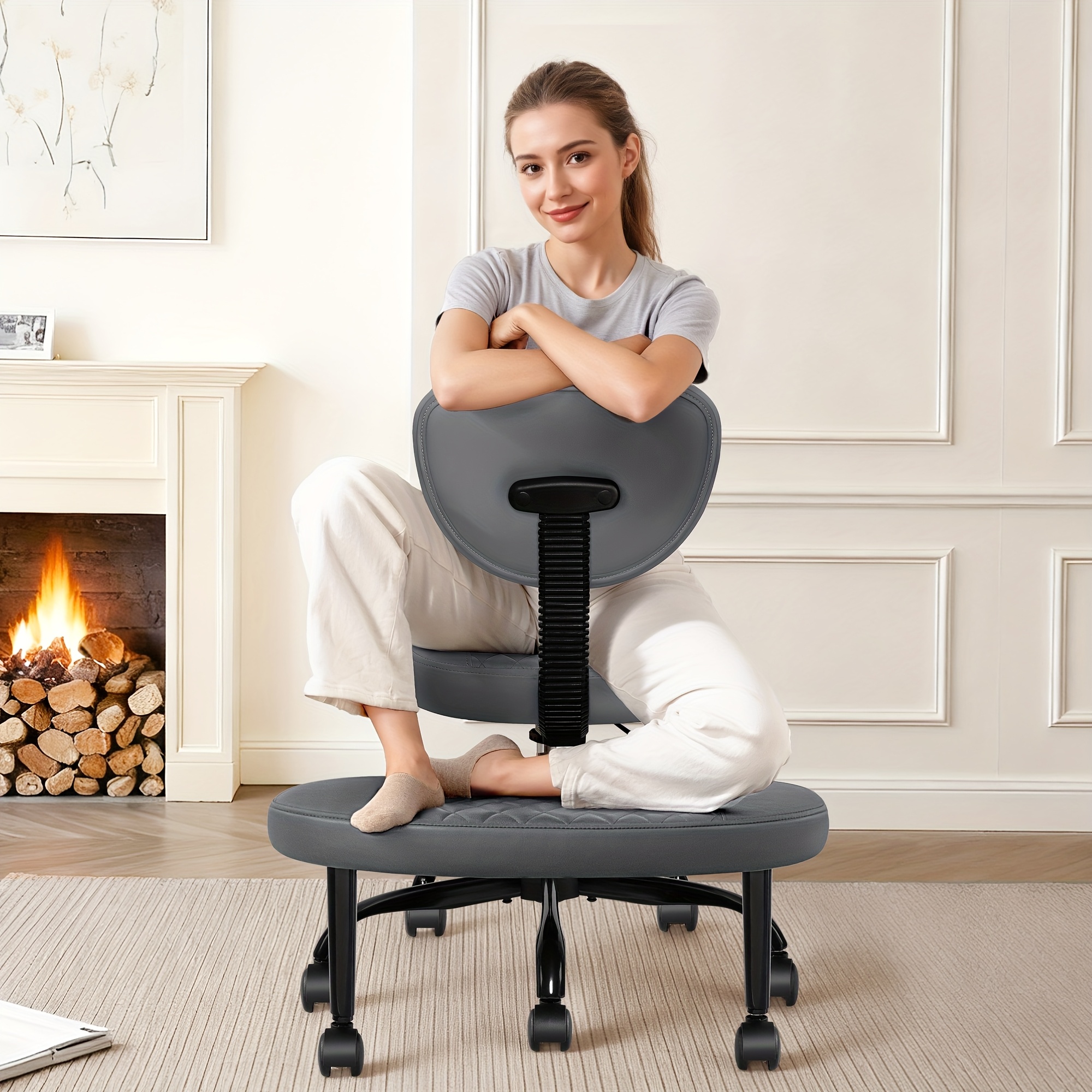 TEMU Chaise de bureau KERDOM à jambes croisées avec roulettes, chaise de méditation adaptée aux adultes avec TDAH, en cuir PU, hauteur réglable, avec