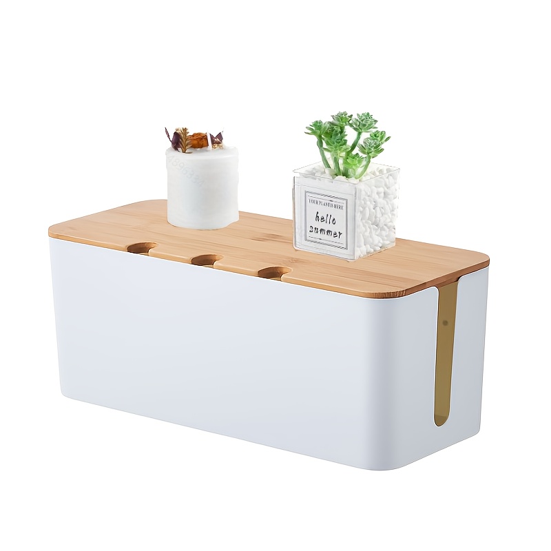 Cable Management Box, Cord Cable Organizer Box With Bamboo Lid, Under Desk Cable Management With Cable Ties And Cable Clip Holders For Tv Router Computer Usb , Desk & Drawer Organizer For Home Storage