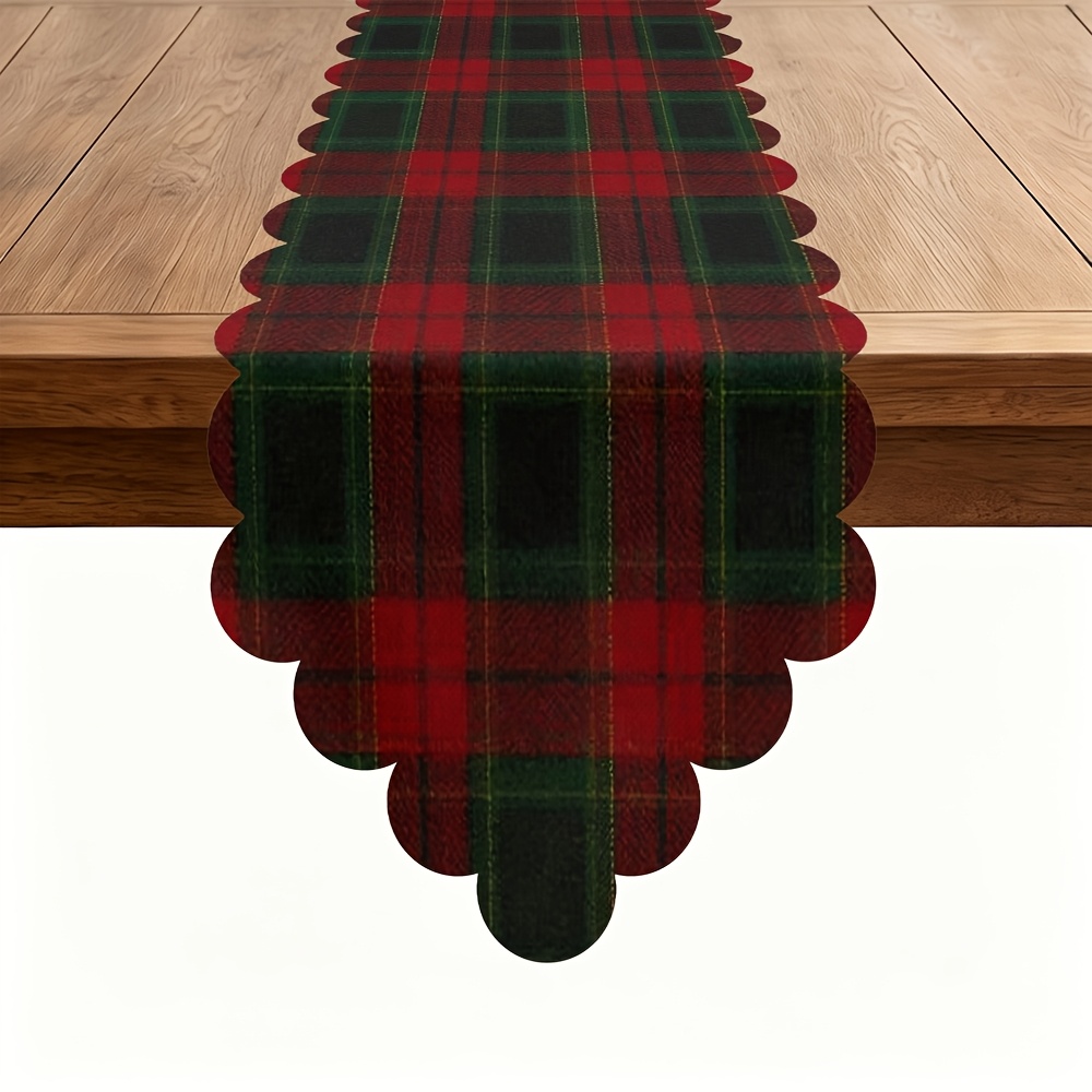 TEMU 1pc Christmas Scalloped Pointed Table Runner, Red Green Tartan Pattern, Classic Farmhouse Table Decor, Home Decoration