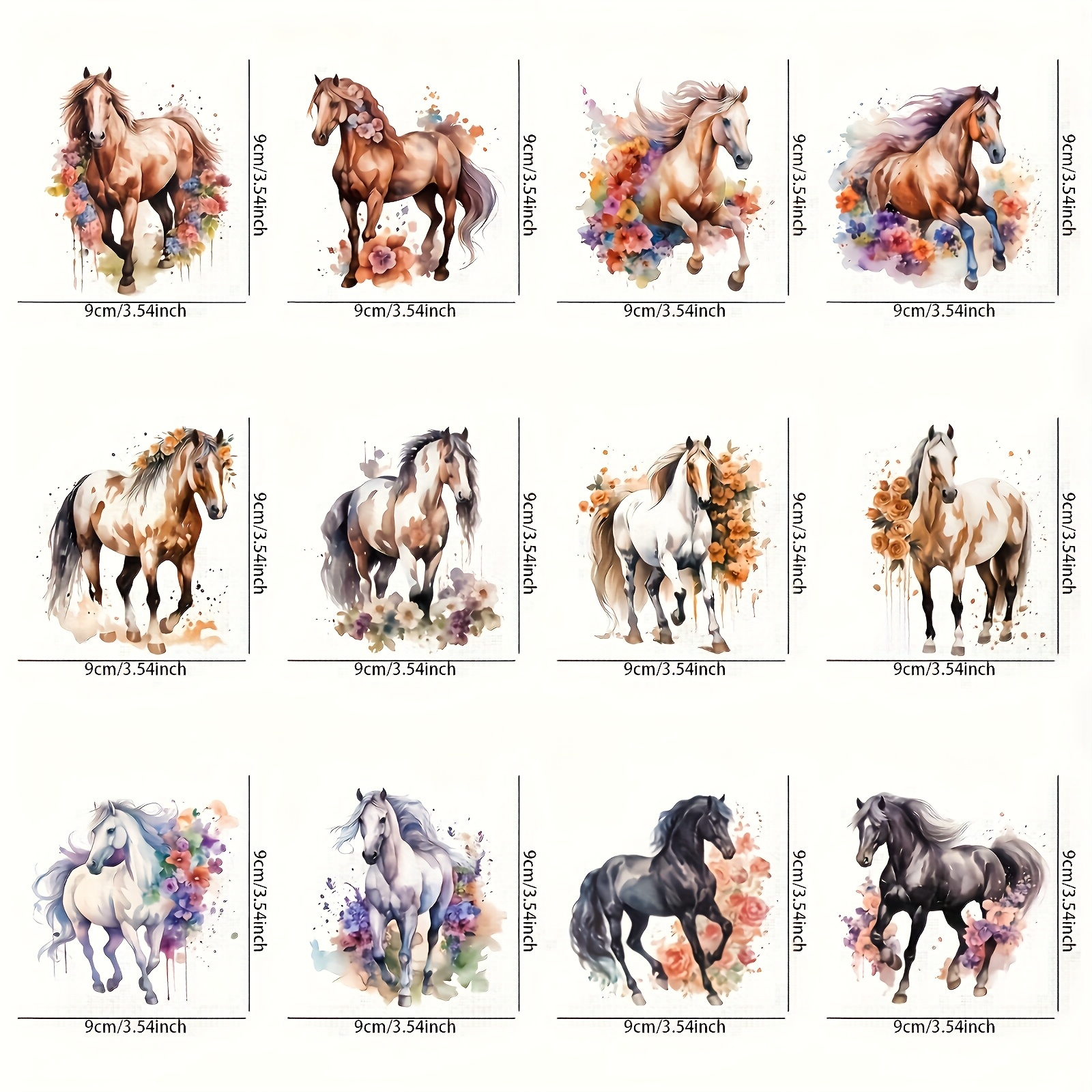 Image of 12pcs Vibrant Horse & Floral Iron-on Heat Transfer Vinyl Decals - Washable, Fade-resistant, Perfect For T-shirts, Backpacks & Fabric Crafts, Tshirt Decor | Artistic | Durable Vinyl