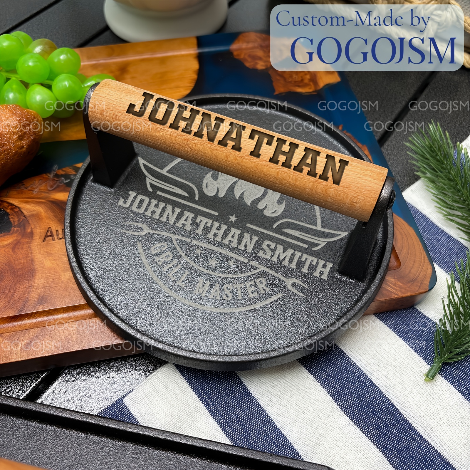 TEMU Personalized Engraving Burger Press - Round/square Customizable Meat Patty Press, Multifunctional Bbq Spatula (bottle Opener & Serrated Edge),