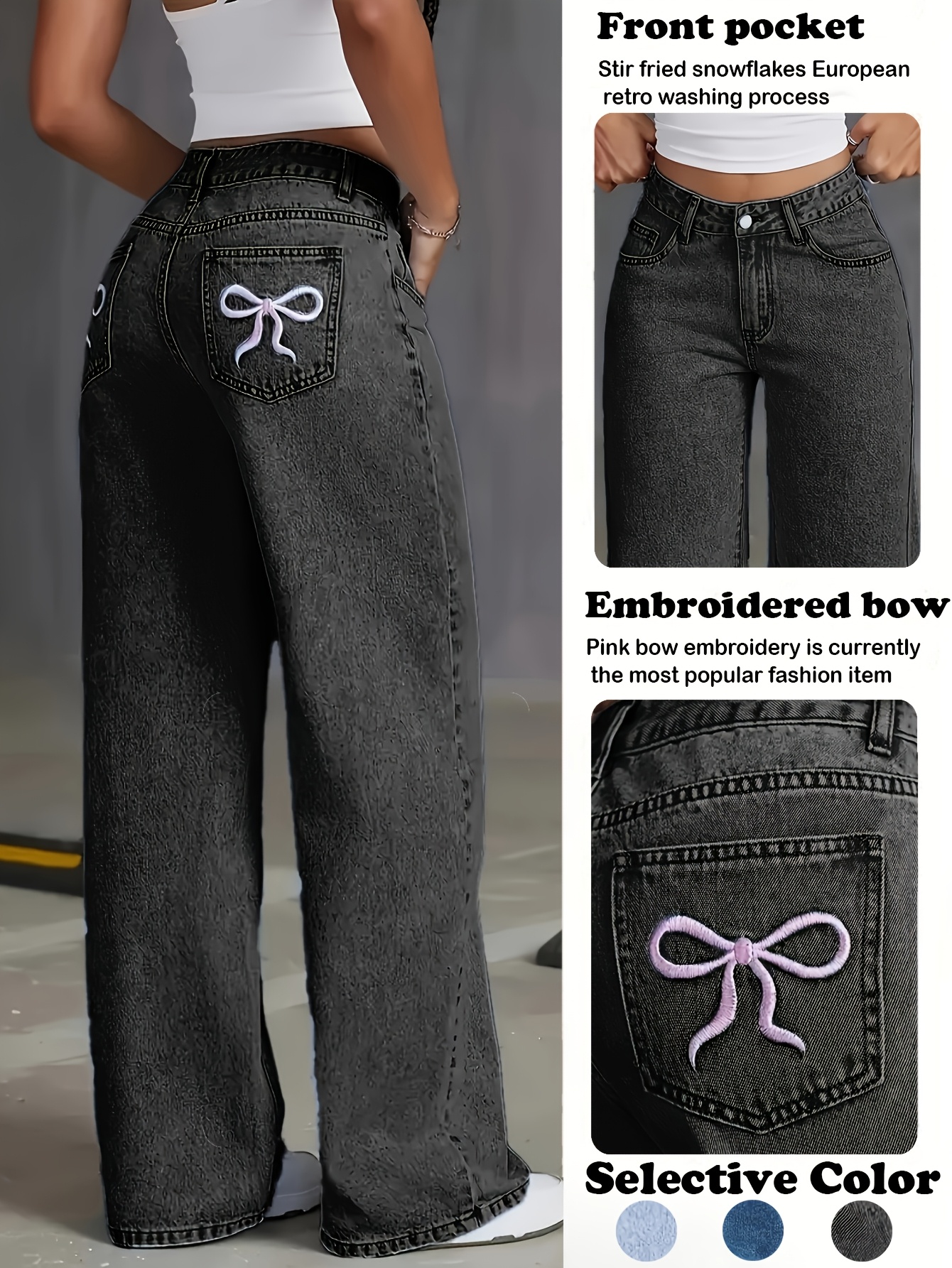 Women's High-Waisted Wide Leg Jeans with Embroidered Bow Detail, Light Blue Denim, Casual Loose Fit, Machine Washable, Comfortable Casual Attire
