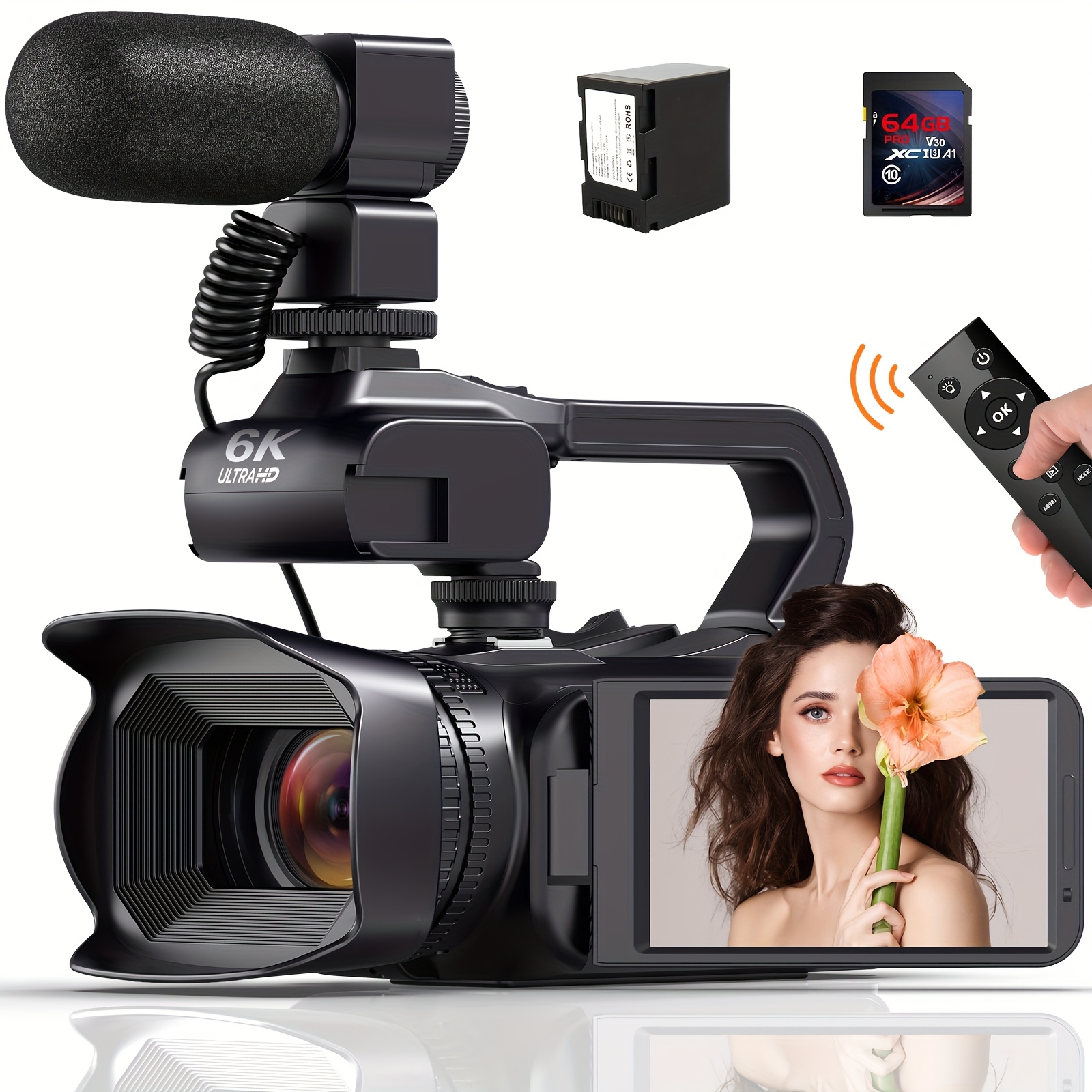 

6k Video Camera Camcorder, 64mp 18x Digital Ir Night Vision Vlogging Camera, 4.0" Touch Screen Digital Camera With Wifi, Microphone, 64g Sd Card, 4500mah Battery6