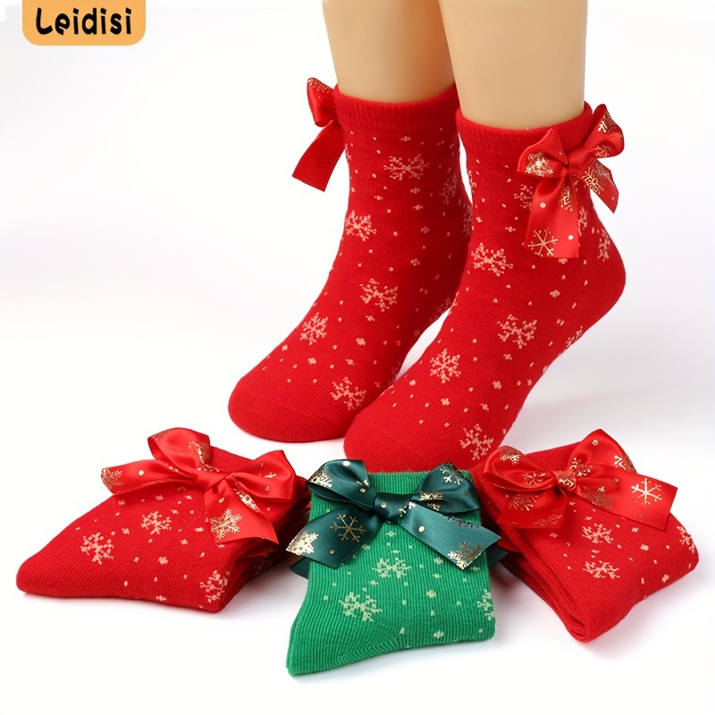 

2pcs Girls' Christmas Socks With Sparkling & Bow Detail - Cozy Knit Winter , Red & -themed Mid-calf Length, Gifts