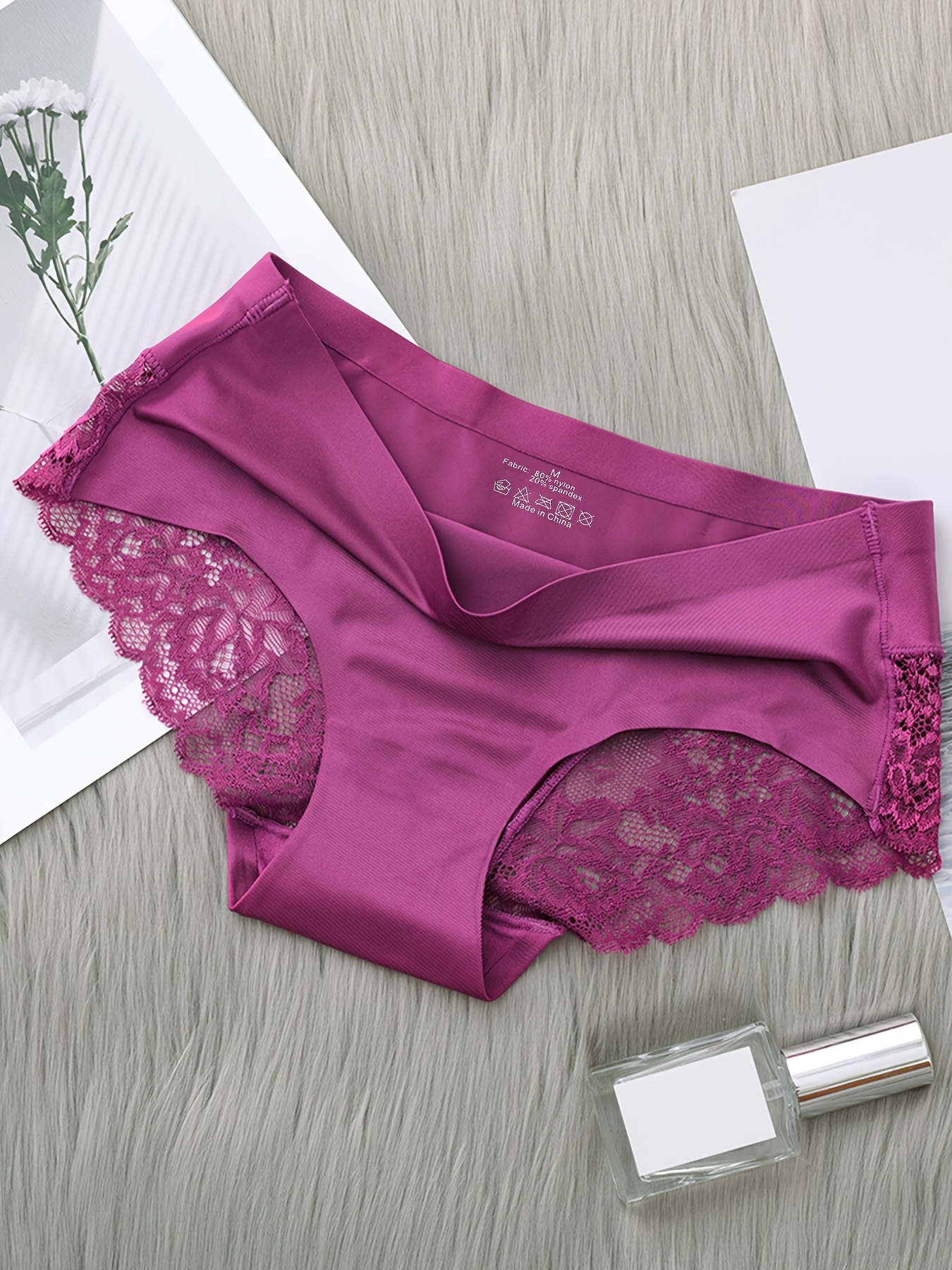 5-Pack Solid Color Briefs with Contrast Lace, Mid Rise, Sexy Style, Women'S Panties
