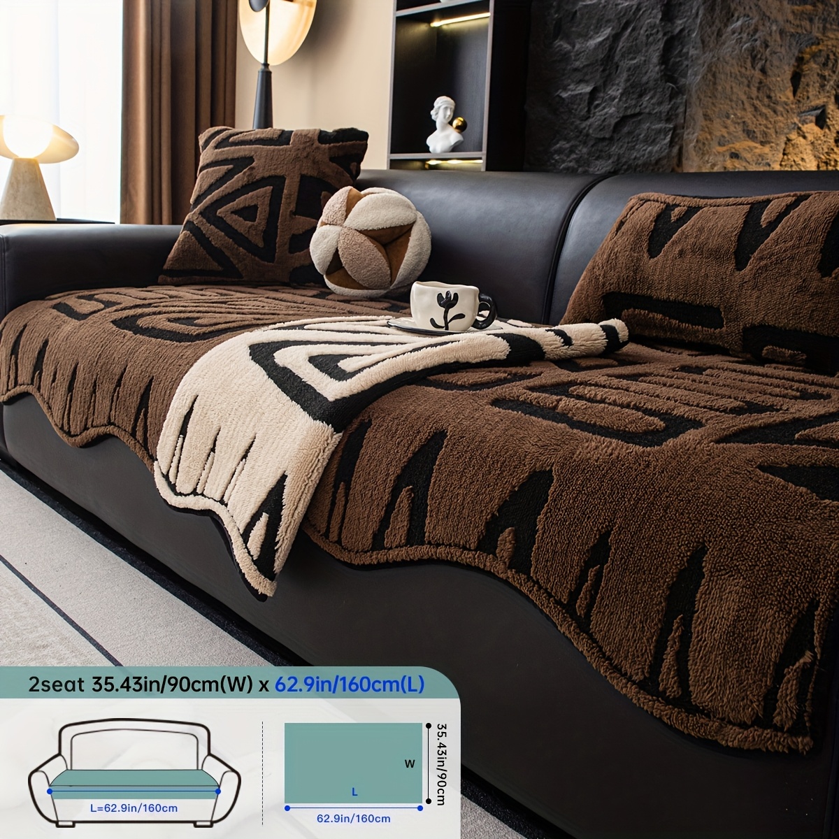 TEMU 1 Housse de canapé géométrique en peluche épaisse de style bohème, luxe, , lavable en machine, adaptée aux animaux de compagnie, antidérapante,