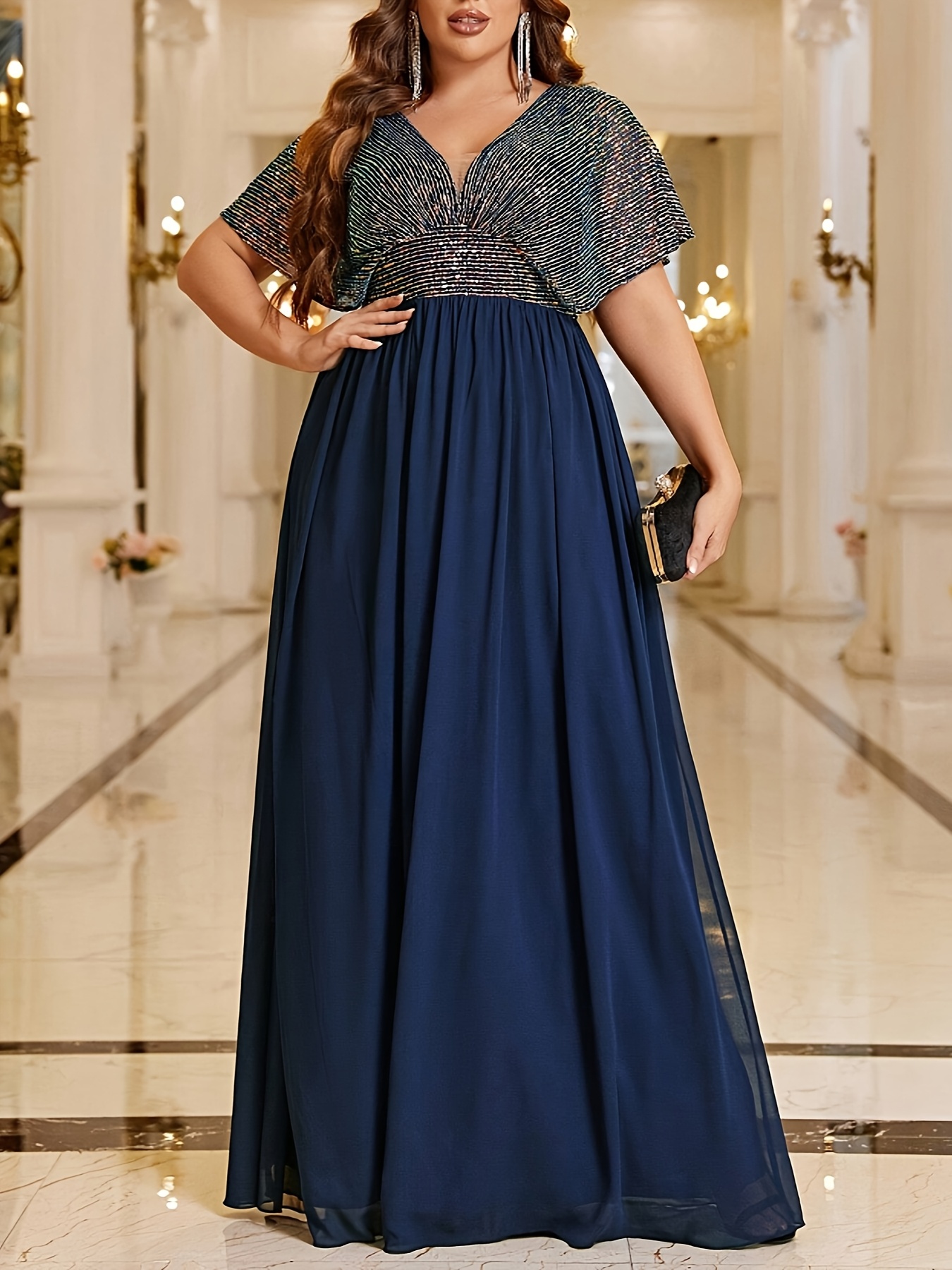Elegant V-Neck Batwing Sleeve Gown Navy Blue, Long Sleeve, Loose Fit,  Sequin Embellished Top, Formal Evening Dress for Night Outs, Formal Event 
