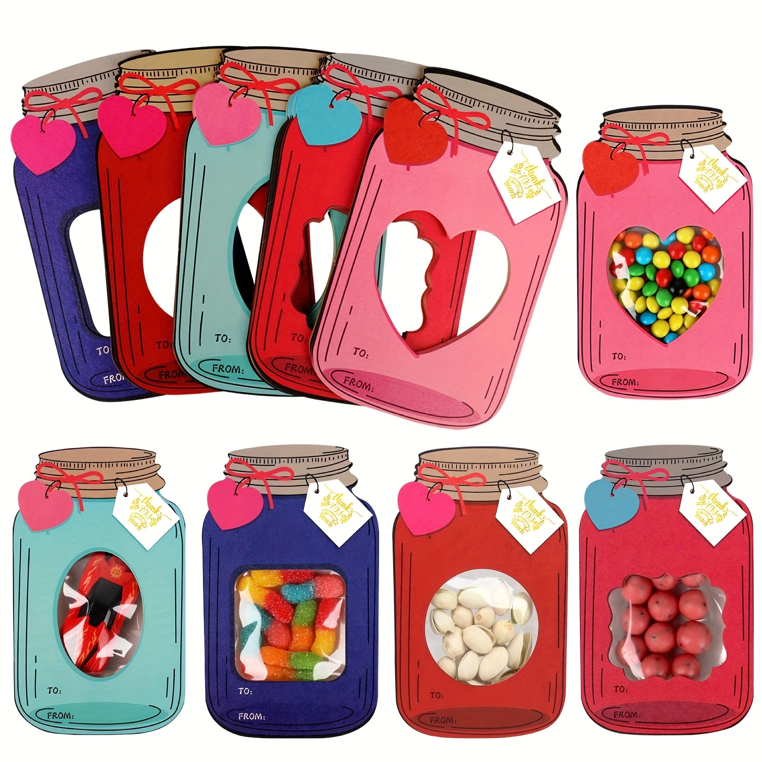 

50-pack Creative Mason Jar Valentine's Gift Bags With Tags | Plastic & Paper Treat Packaging | Accessory Tags Included | Mixed Color Assortment For Party Favors & Sweet Gifts