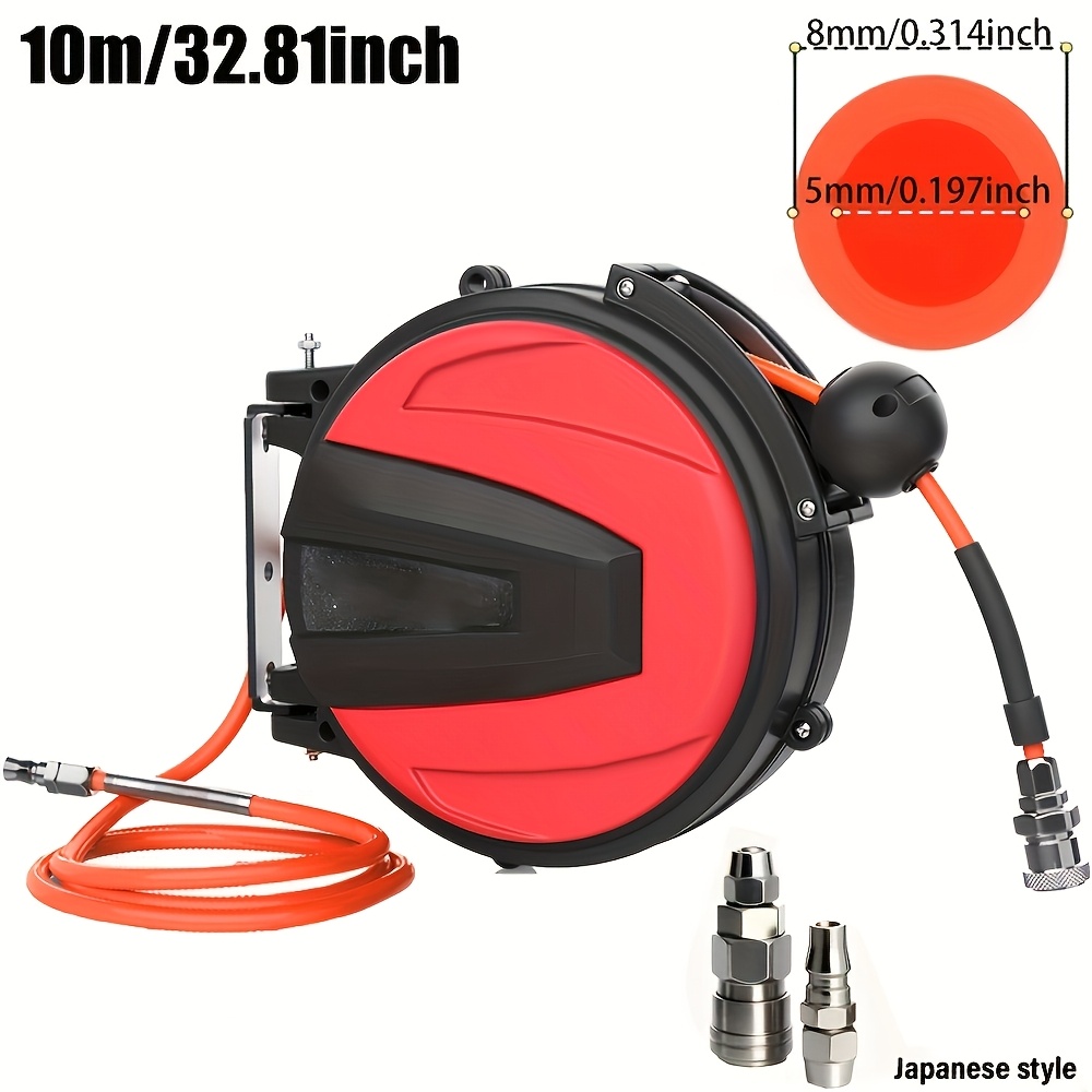 heavy duty automatic retractable air   reel wall mounted with a rotating bracket and quick connector designed with a sealed protective design for air compressor additions and car repair