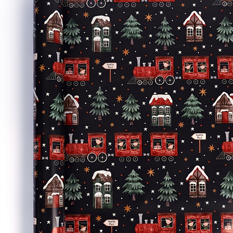TEMU Petit Train de Noël, Rouleau de papier d'emballage mat imperméable épaissi, Motif 'Arbre de Noël, Emballage cadeau d'affaires pour anniversaire