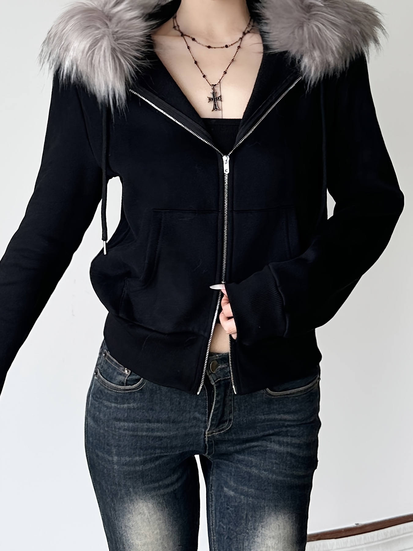 chic letter embroidery   fur   hoodie with zipper and velvet sweatshirt jacket