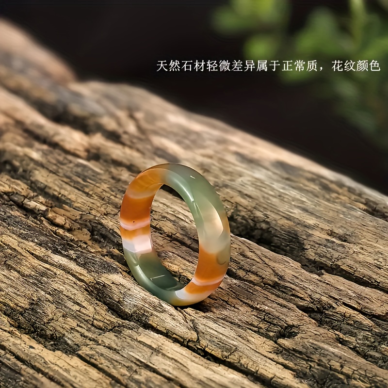 Natural Agate Ring with Marble Green & Orange-Brown Gemstones