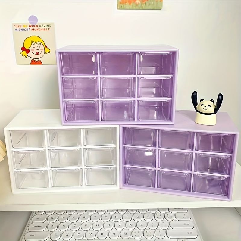 

1pc Cute Desktop Organizer Box With 9 Transparent Grid Drawers, Plastic Partitioned Storage For Desk And Wall-mounted Sundries, Small Items Organizer For Students