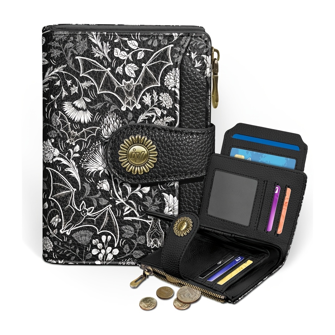 Women's Rfid Shielded Double-fold Credit Card Holder, Zipper Change Bag, Compact, Travel, 4 Id Card Pockets, 14 Card Slots, , For Ladies And, Christmas Gifts. (bat)