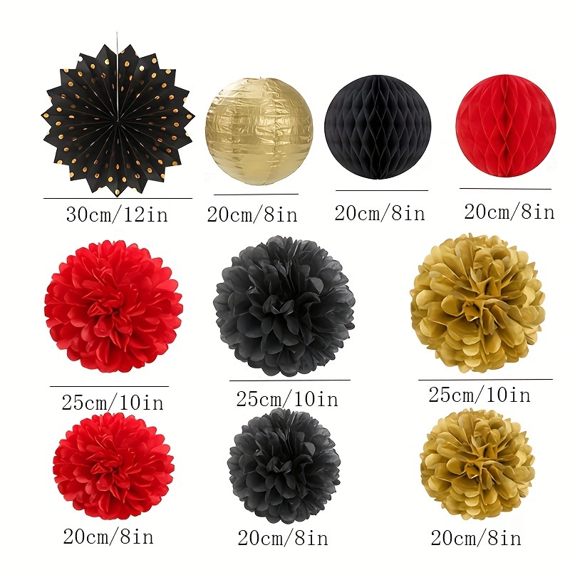 Image of 10pcs, Red, Black And Gold New Year Party Decoration Ribbon Lanterns, -themed Graduation Gold Paper Fan, Wedding Birthday Baby Bride Shower Tissue Pompom, Honeycomb Ball Decoration