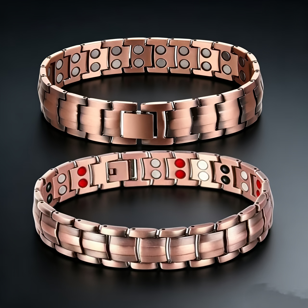 TEMU 2pcs Pure Copper Double-row Strong Magnetic Stone Bracelet, Retro Business Watchband Style Adjustable Men's And Women's Bracelet, Distressed