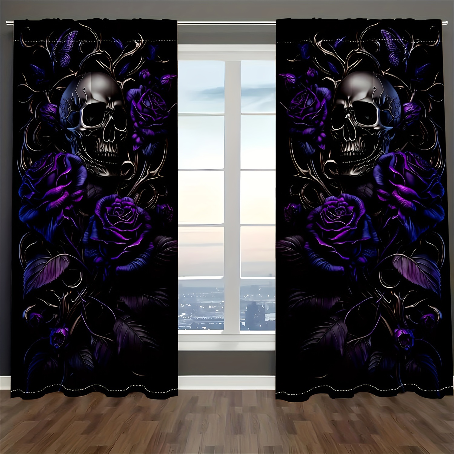 2pcs halloween skull butterfly chrysanthemum curtains semi transparent privacy protecting drapes for living room and bedroom decor details 8