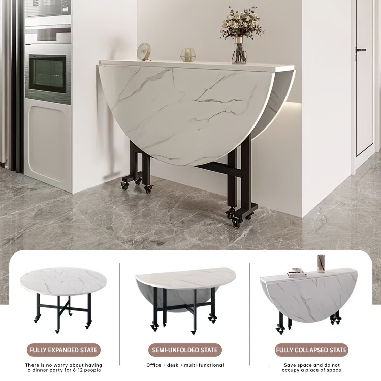 现代可折叠圆形餐桌，带 6 个轮子，可伸缩蝴蝶厨房桌，碳钢支架，小空间多功能折叠设计，硬木和人造木结构 商品详情 5