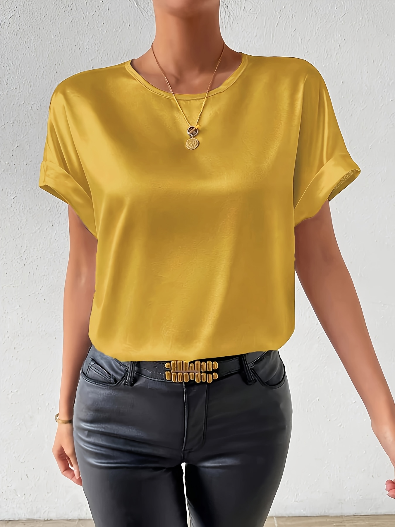 Women'S Plus Size Light Blue Woven Blouse - Elegant Short Sleeve Crew Neck, Solid Color, Non-Stretch Fabric, Perfect for Summer, Casual Summer Wear|Sleek Fitted Look|Nonstretch Material, Plus Size Blouses