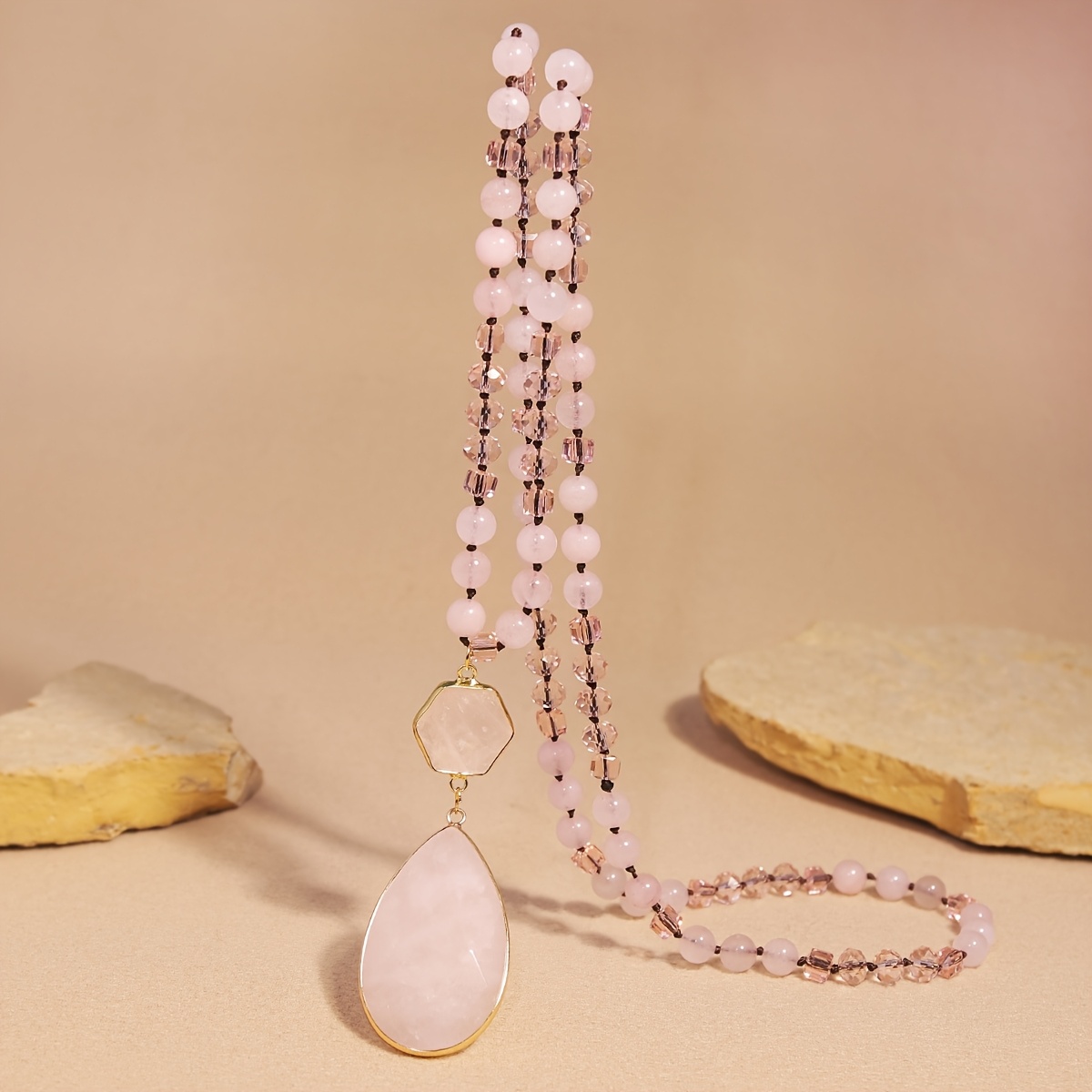 TEMU Collier Long Élégant en Quartz Rose Naturelle - Chaîne pour Pull Automne et Hiver, Collier Tendance pour Printemps et Été. Pendentif de , Bijou