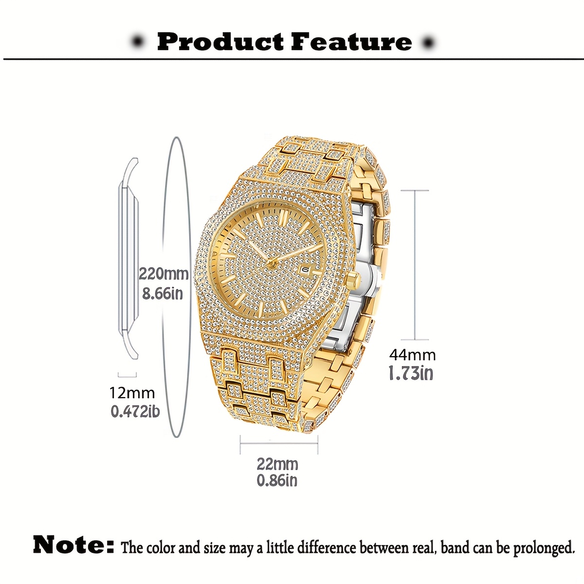 MISS FOX Glam Cubazation Luminous Quartz Watch Compatible for Men & Women - Cuban Link Band, Rhinestone with Date Calendar, Night Glow Analog Wristwatch, Party & Everyday (Alloy Case) - Image 5