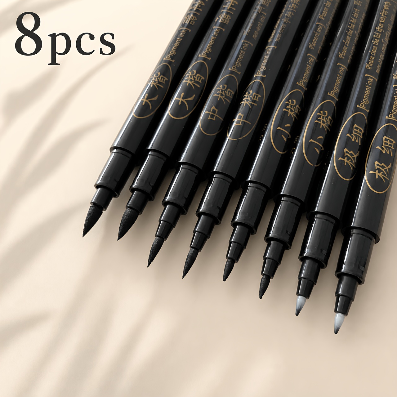 TEMU 8pcs Calligraphy Brush Pen Set, 4 Sizes (extra Fine, Small, Medium, Large), Black Pigment Ink For Chinese Japanese Calligraphy, Lettering,