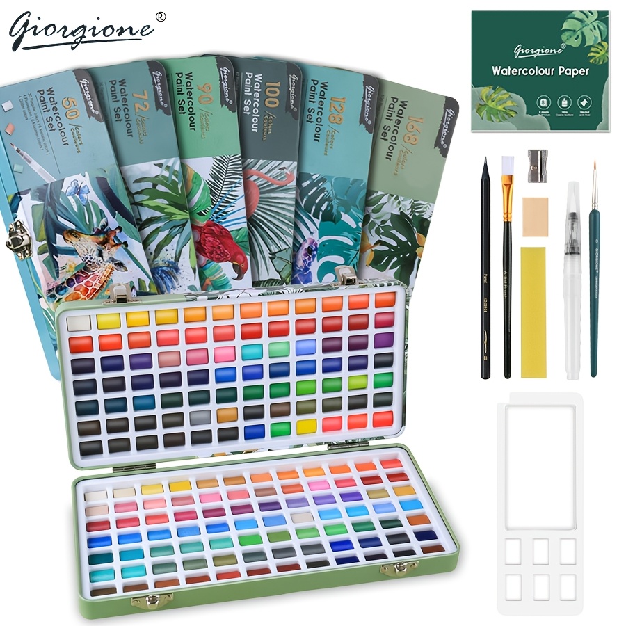 

Giorgione 50/72/90//128/168 Colors Solid Watercolor Paint Set, Portable Metal Tin With Palette, Brushes, Paper, Vibrant Metallic & Fluorescent Art Pigments For & Hand Painting