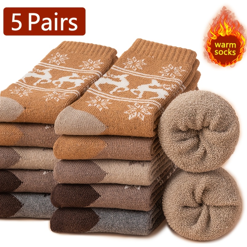 TEMU 5/10 Double Winter Thick Women's Socks, Middle Tube Socks With Velvet Loop, Elk Snow Pattern Christmas Socks, Floor Socks, Warm Plush Socks