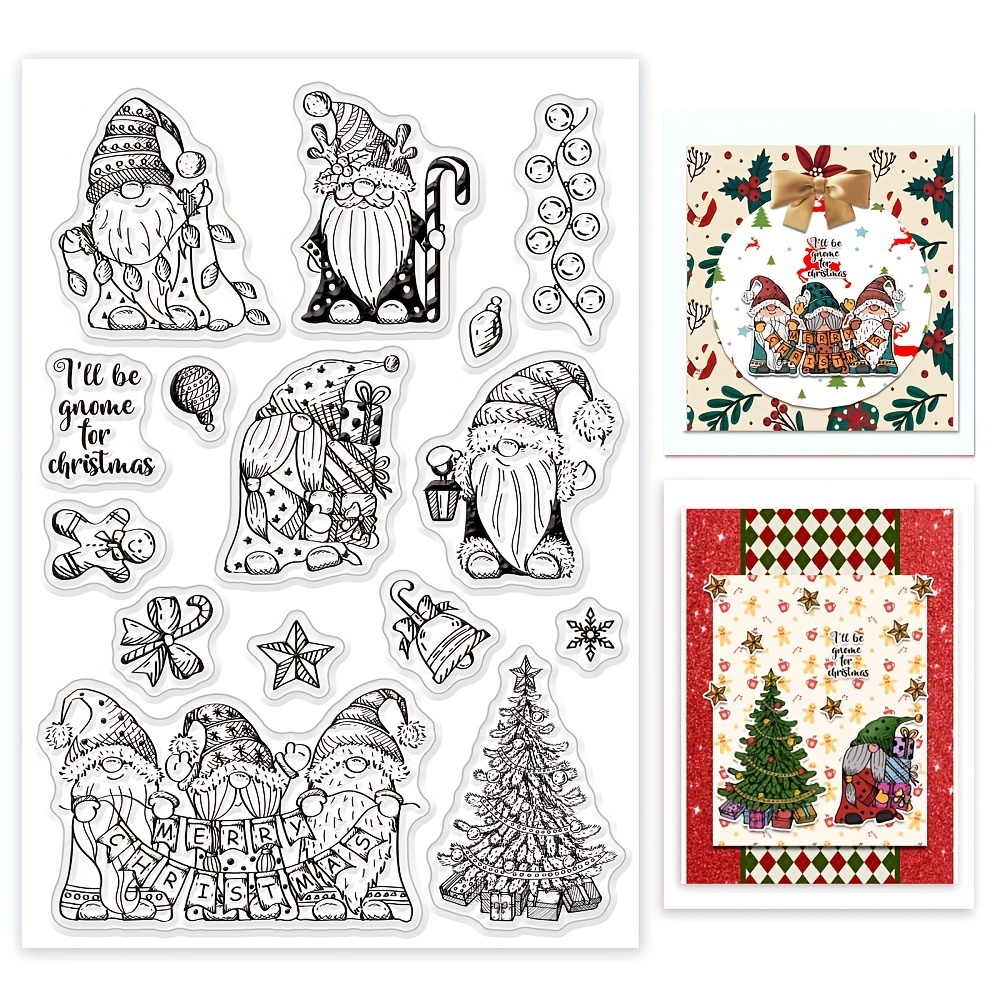 Image of 1pc Christmas Gnome Transparent Stamp With Christmas Tree, Santa Claus, Light Bulb, Bell, And Snowflake Designs For Card Making, Scrapbooking, Photo Journals, And