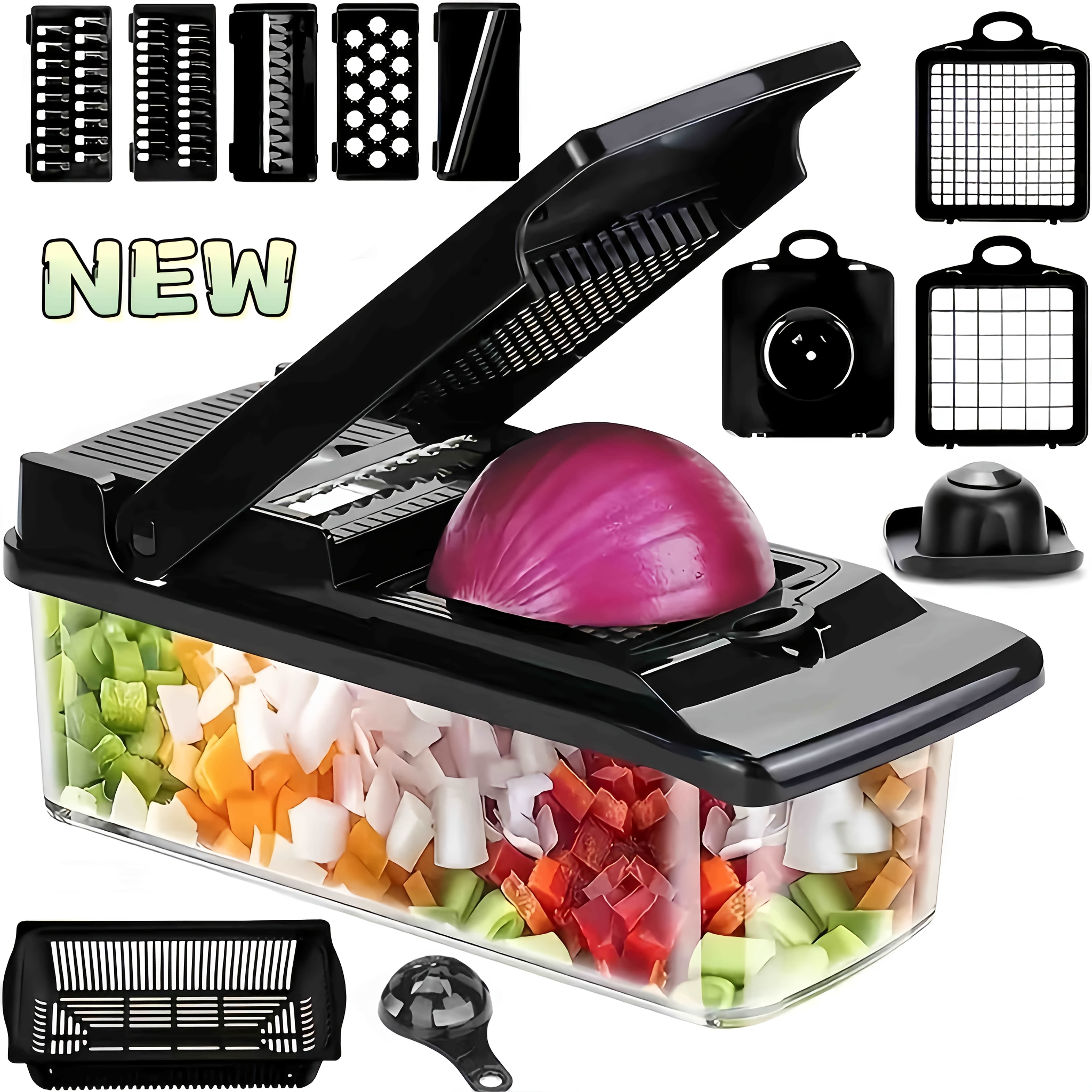 TEMU 2026 New 14-in-1 Vegetable Chopper With 8 , Container, And Peeler - Professional Onion Cutter For Eggs, Salads, Potatoes, Carrots, Garlic, And