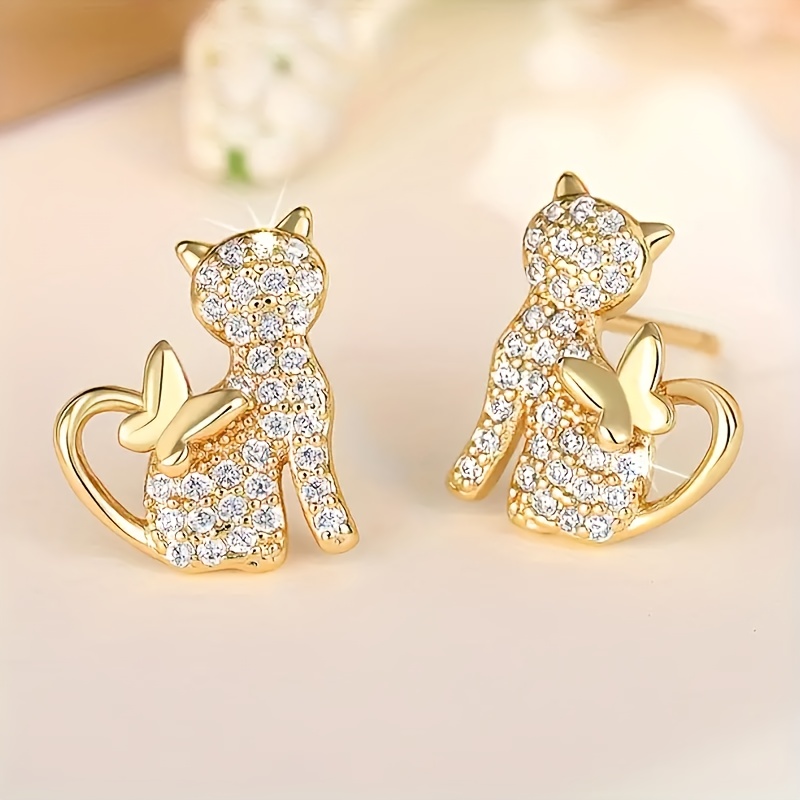 E-shop Paar Funkelnde Goldene Katzenohrringe für Frauen - Hypoallergen mit kubischem synthetischen Zirkonia, Niedliches und elegantes Design, Perfektes