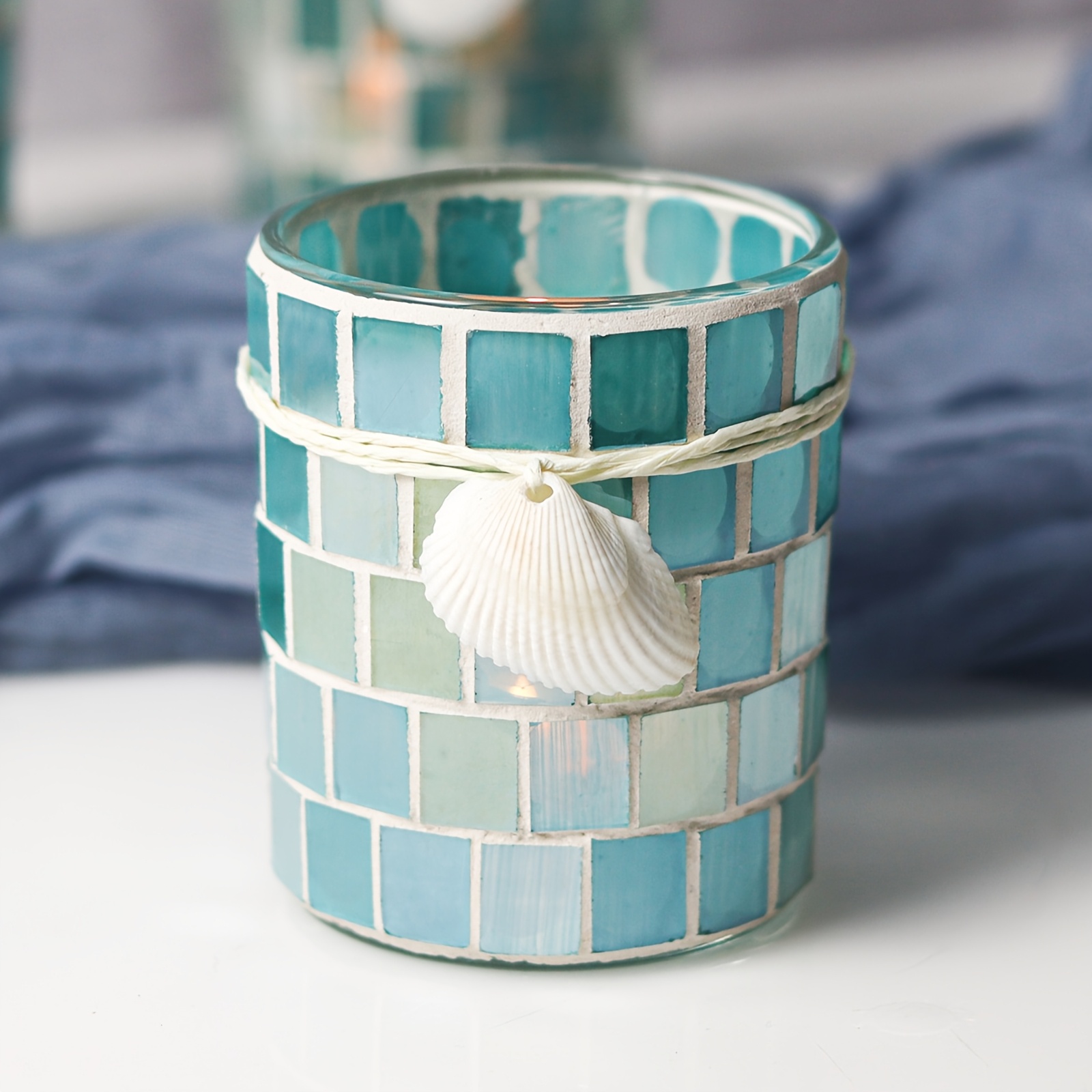 E-shop 1 Stück, himmelblaue Mosaikglas-Kerzenhalter mit Muschel, Teelichthalter für Hochzeitsdekoration, nordische leere Kerzengläser für