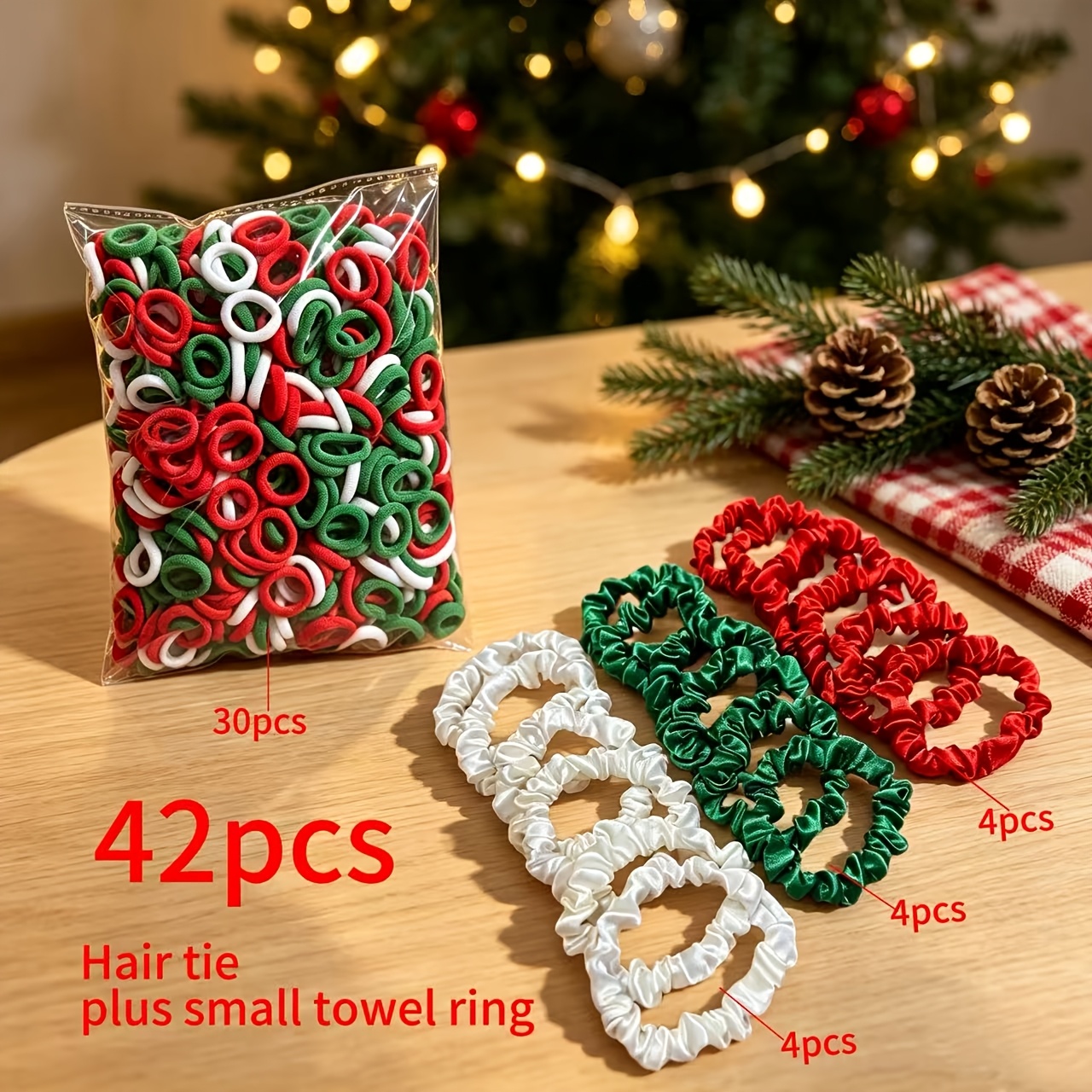 TEMU 42pcs (12pcs Small Scrunchies And 30pcs Small Towel Rings) Christmas Holiday Satin Hair Ties With Small Towel Rings, Festive Atmosphere Solid