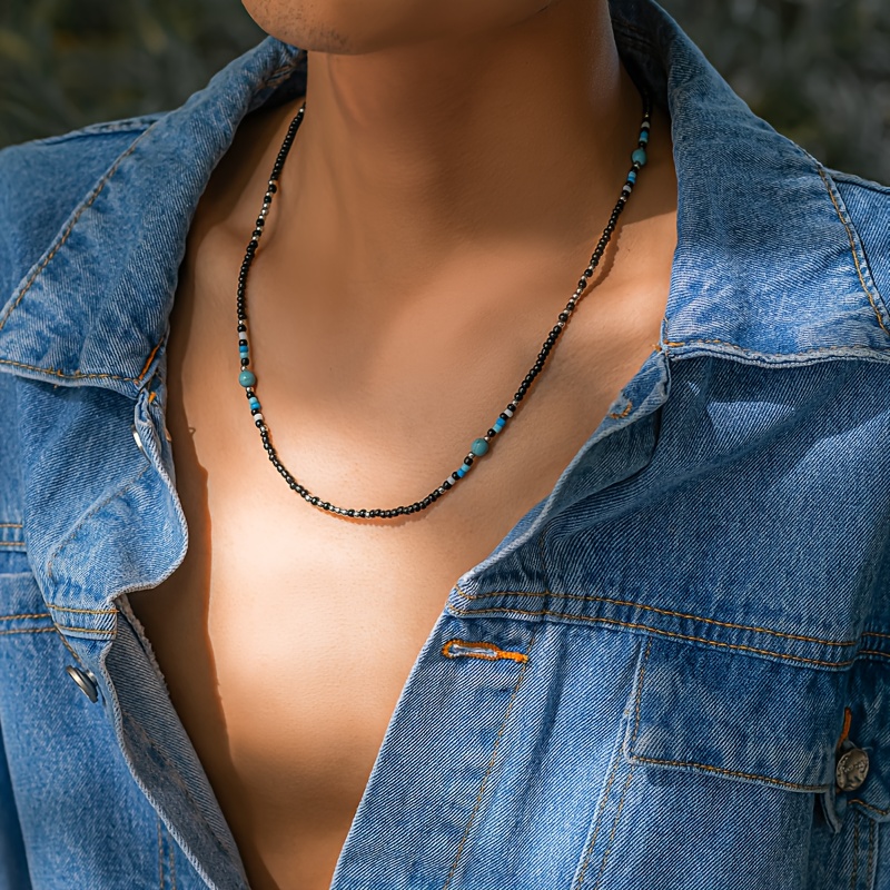 Men's Bohemian Beaded Necklace with Turquoise Stone Accents