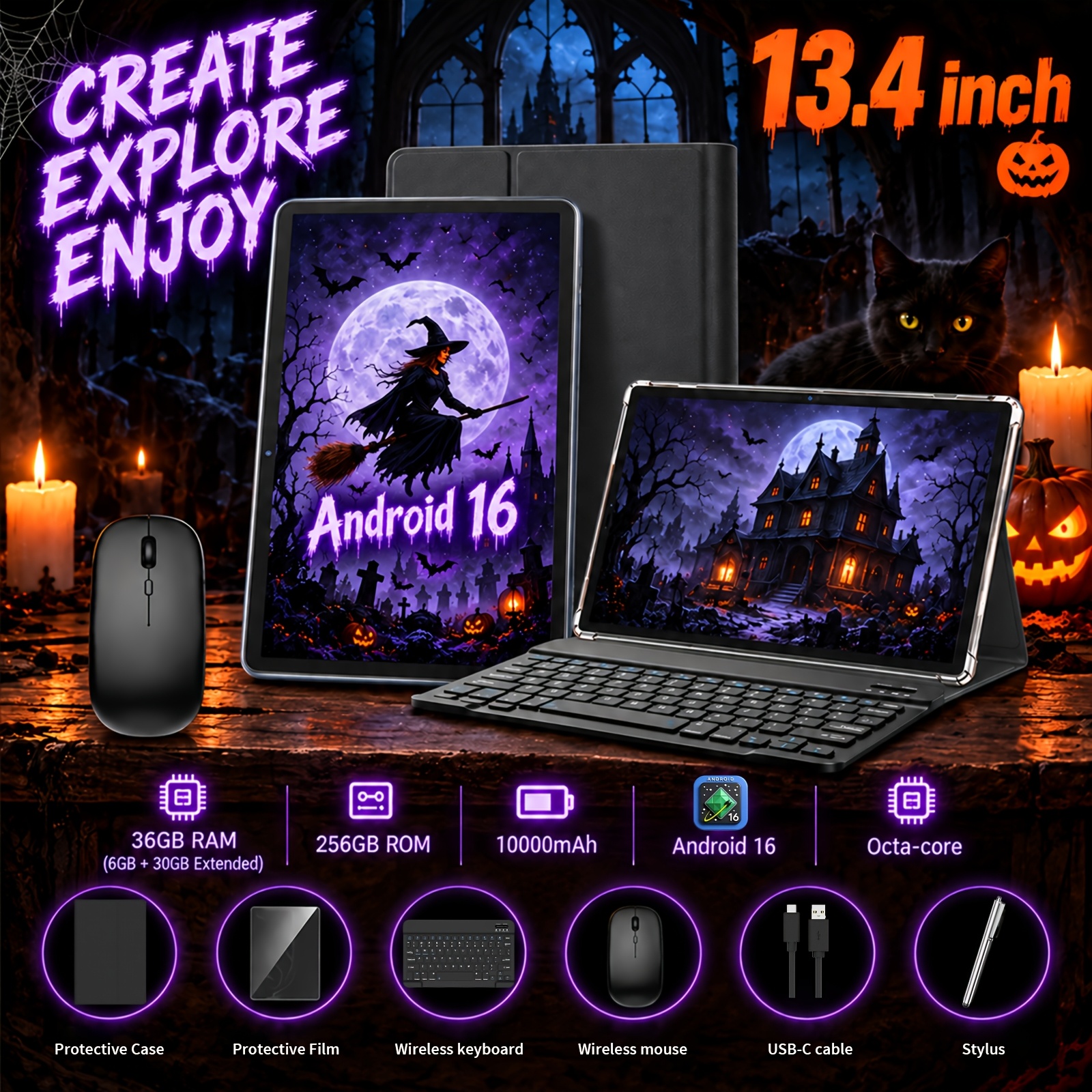 TEMU Tablet 16 de 13.4 pulgadas, 36GB (6GB+30GB) de RAM y 256GB de ROM, CPU -Core, batería de 10000Mah, pantalla IPS, Tablet con teclado, ratón