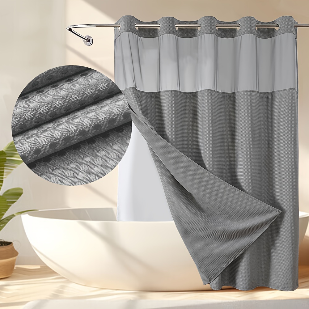 

Gray Waffle Bath Curtain Without Hook, Lined, Hotel Luxury Waffle Weave Fabric Bathroom Decoration Waterproof Washable, 72" Wide, 74" High