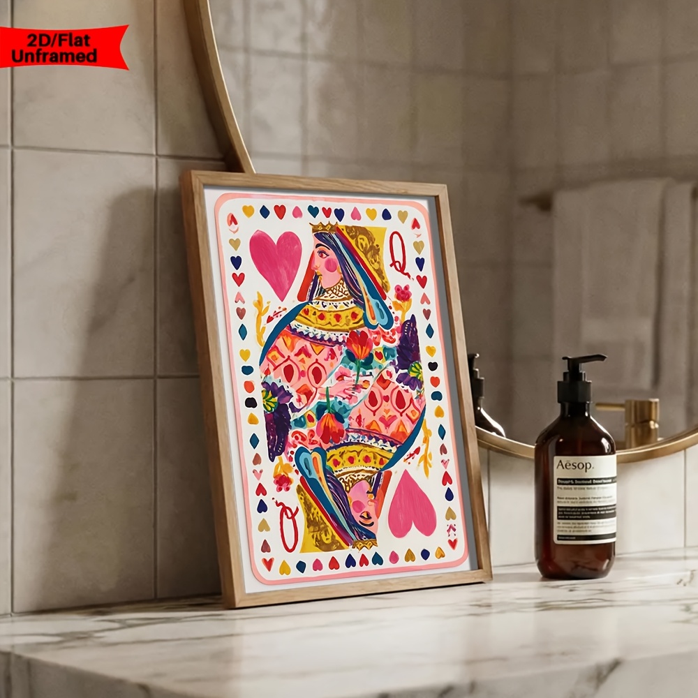 TEMU Art mural plat 2D, style bohème vibrant 2D, représentant une carte à Reine de Cœur et des floraux colorés ; Art sur toile sur le thème du poker,