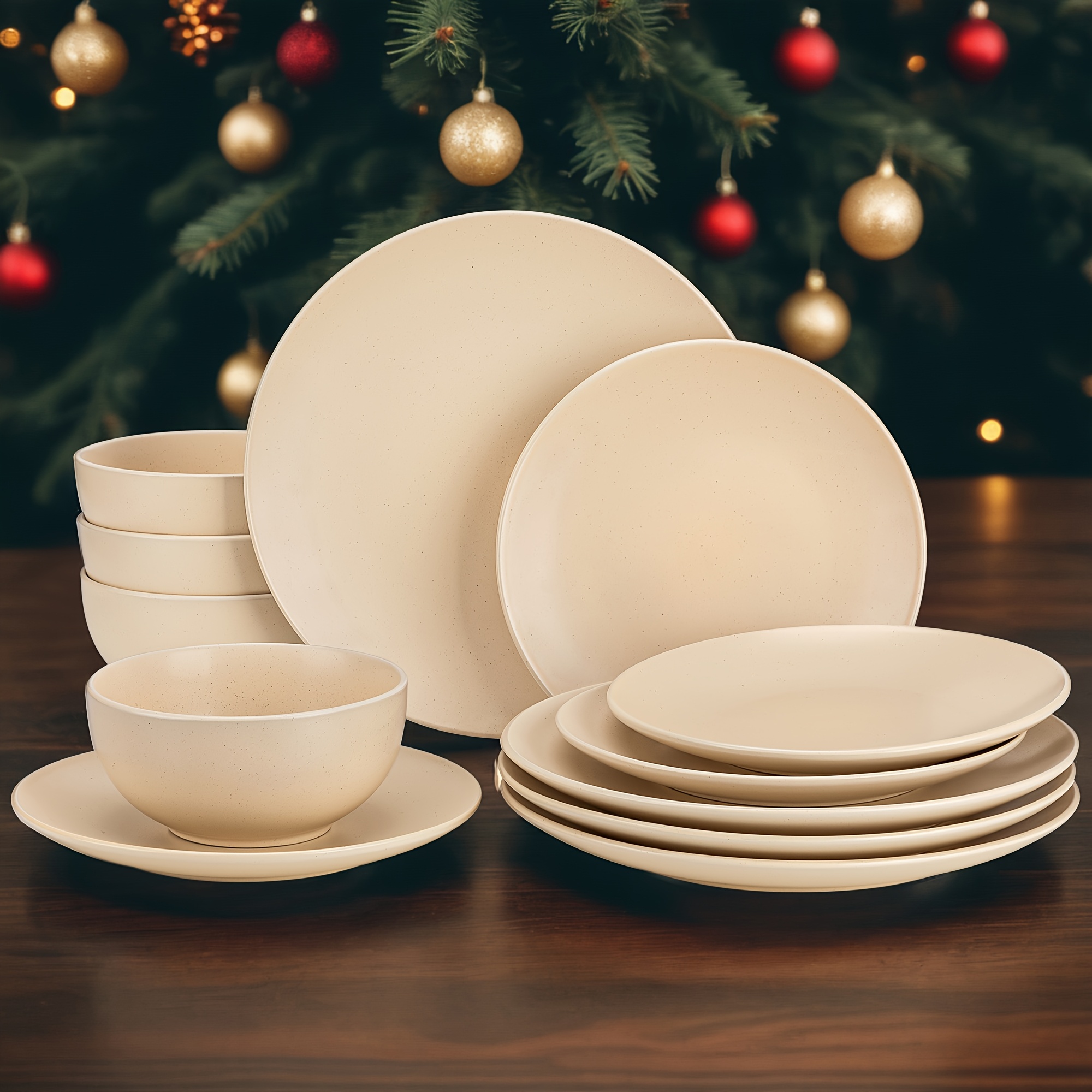 Image of 12pcs Porcelain Dinner Set For 4, Beige, Plates And Bowls Set, Porcelain Tableware Set Dishes Set Combination Service, Dinner Plates, Dessert Plates, Cereal Bowls, Dishwasher And Microwave Safe