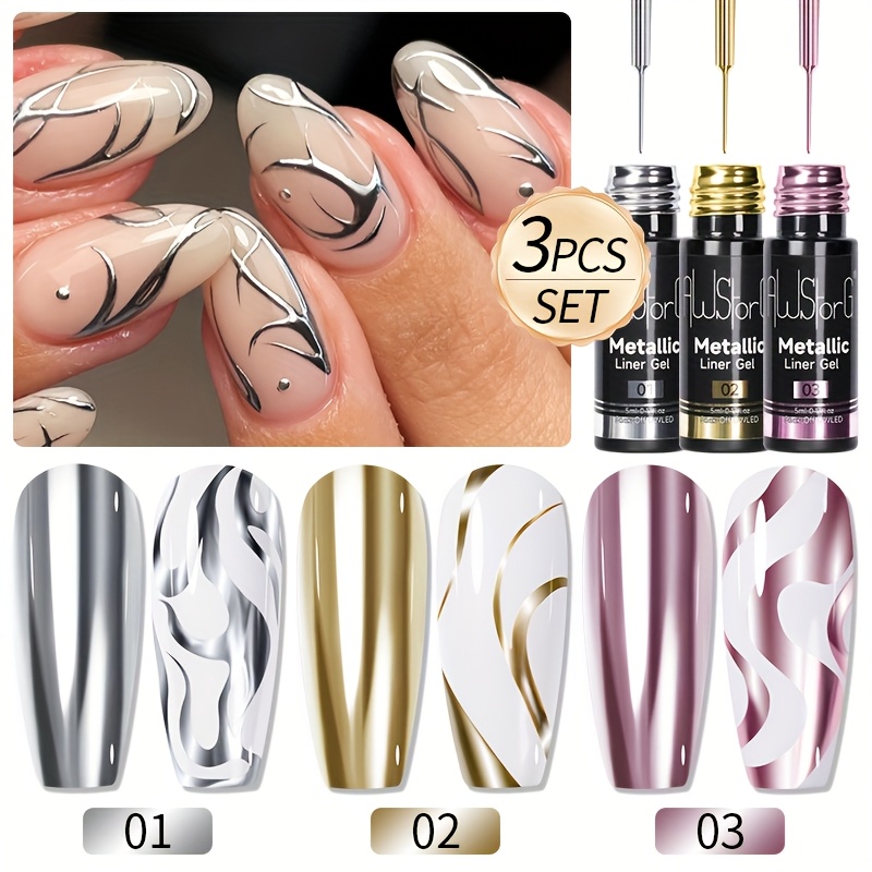 Image of Awstorg 3pcs/set Metallic Liner Gel 5ml Silvery Golden Gel Nail Polish Soak Off Line Nail Gel