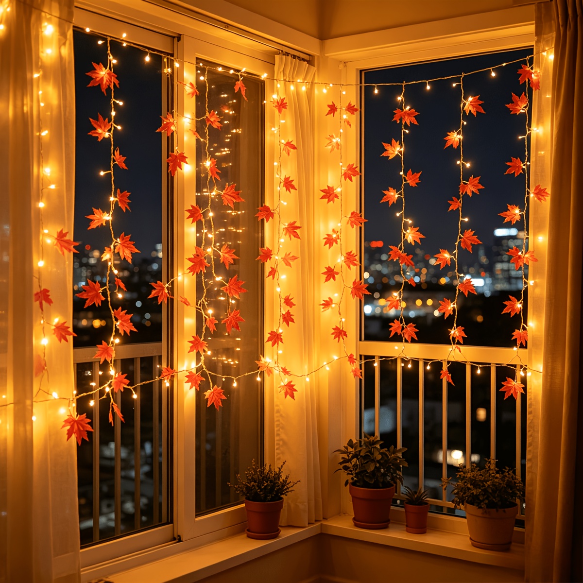 TEMU 1pc, Led Maple Vines 3x1m/9.84x3.28ft, 8 Usb Powered, 253 Led Fairy String Lights For Thanksgiving, Christmas, Halloween - Curtain Decor For