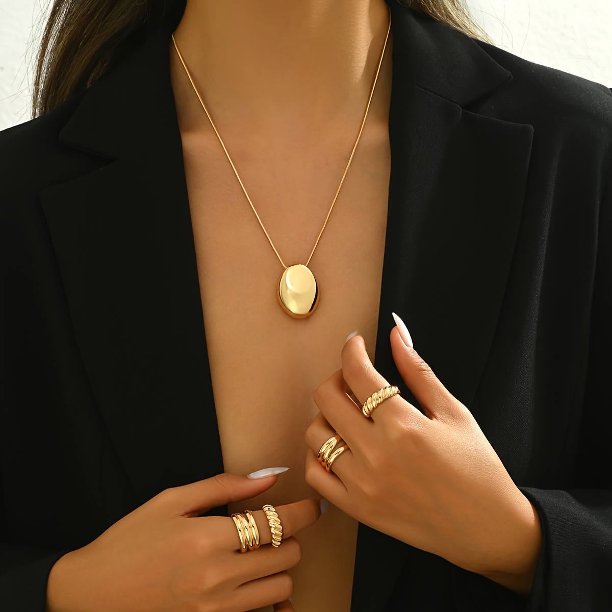3pcs Minimalist Golden Necklace Ring Set Snake Bone Chain Geometric Oval Pendant
