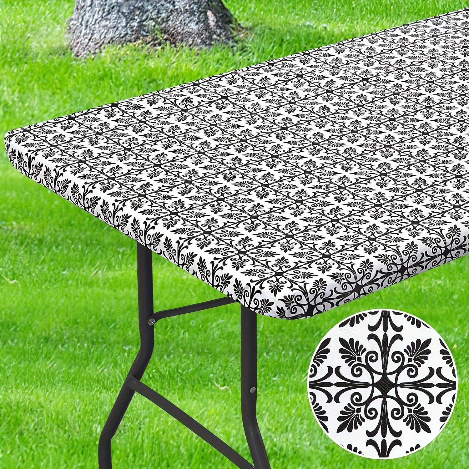 

1pc Table Cover, Baroque Vinyl Rectangle Tablecloth With Elastic Edge And Fleece Backing, Waterproof Plastic Table Cover, For Picnic, Camping, Outdoor Use, Table Decor, Home Supplies