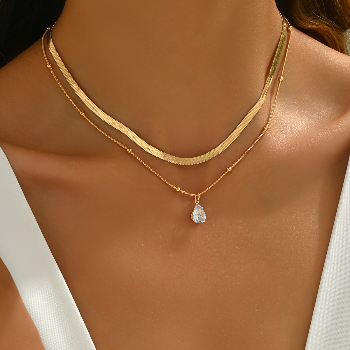 Women's Fashion Layered Necklace - 14K Golden Plated Cubic Zirconia Pendant
