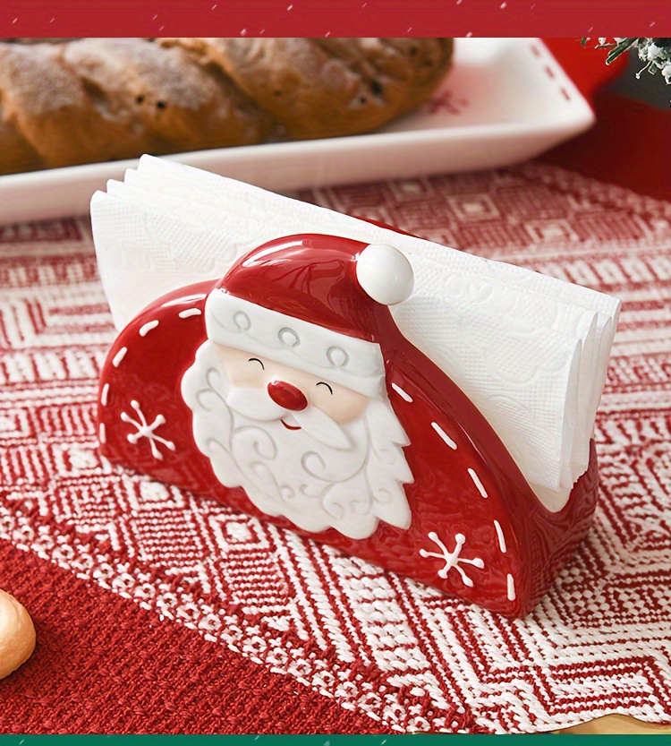 christmas santa claus ceramic napkin holder decorative tabletop paper tissue stand embossed cartoon holiday design details 13