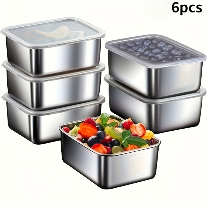 TEMU 6pcs Stainless Steel Food Storage Containers, With Compartments For Vegetables And Small Ingredients, Suitable For Refrigerator And Restaurant
