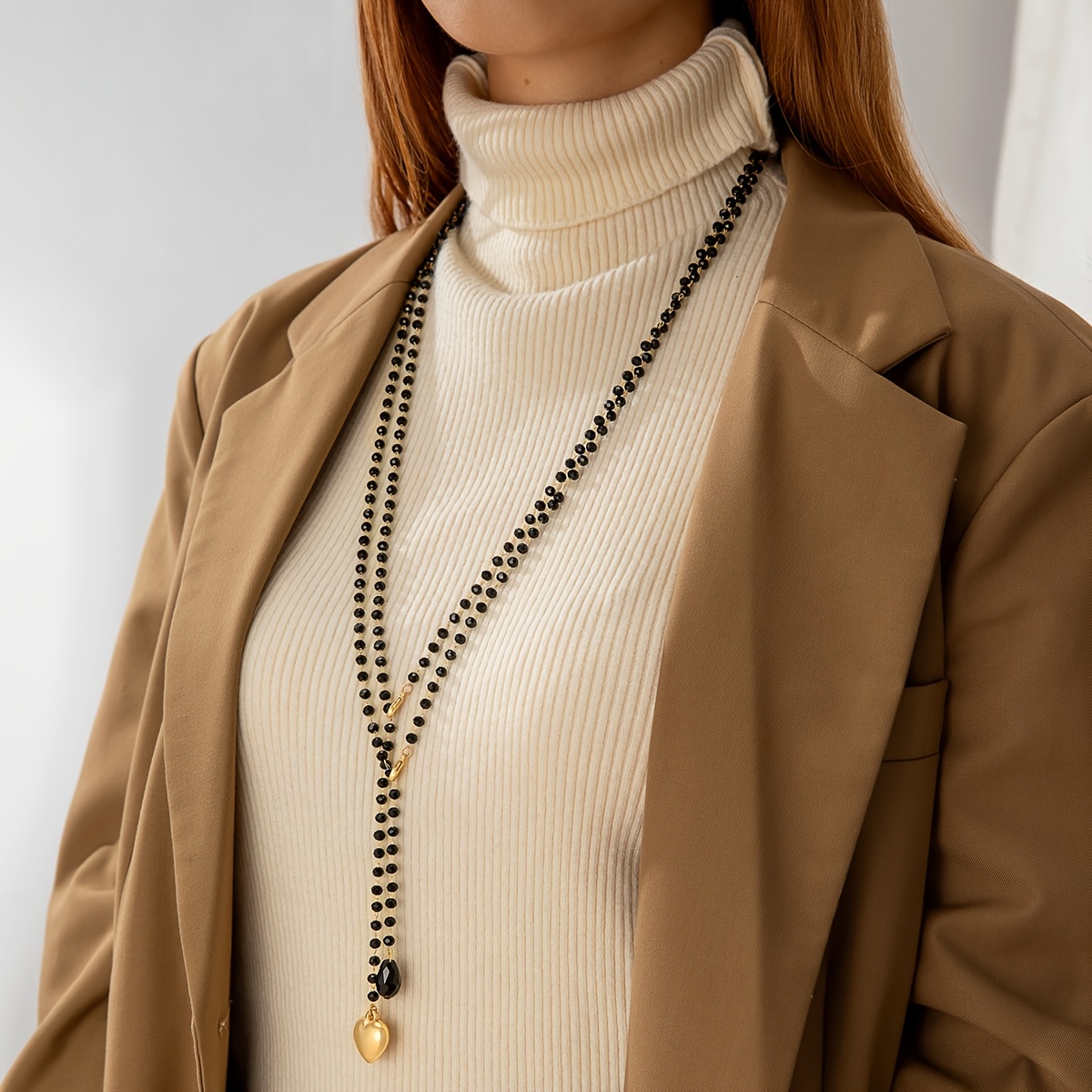 Image of 2pcs Easy Retro Heart Geometric Pendant Y-chain Stackable Black Bead Tassel Sweater Chain For Women' Matching Banquet Gift Friend Present Autumn Winter New Casual Versatile Jewelry