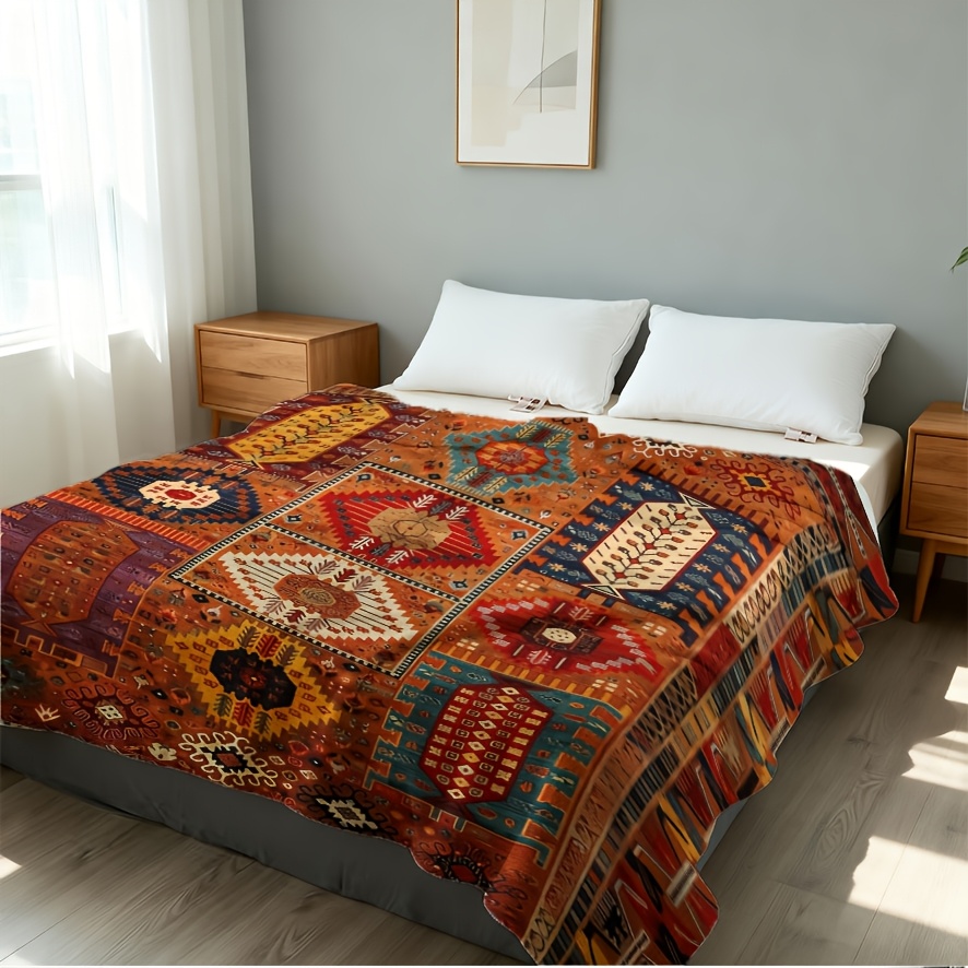 TEMU Een bohemian fleece deken met geometrisch - Geschikt voor alle seizoenen, zacht en warm, perfect voor kamperen, reizen, auto en kantoorgebruik -