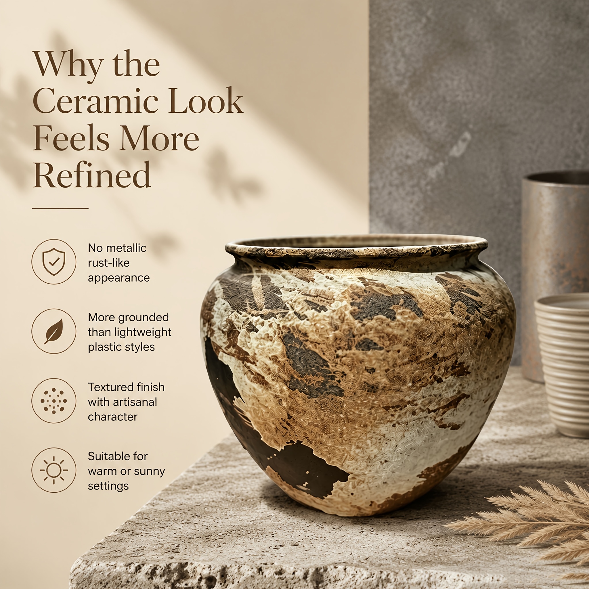 Rustic Wabi-Sabi Ceramic Flower Pot, Approx 15.24cm Tall Wide Mouth Planter, Weatherproof Pot with Drainage, Perfect for Indoor Desktop, Shelf Decor & Outdoor Patio, Deck, Garden, Farmhouse & Cottagecore Style, Natural Earthy Tone Gardening Gift,home